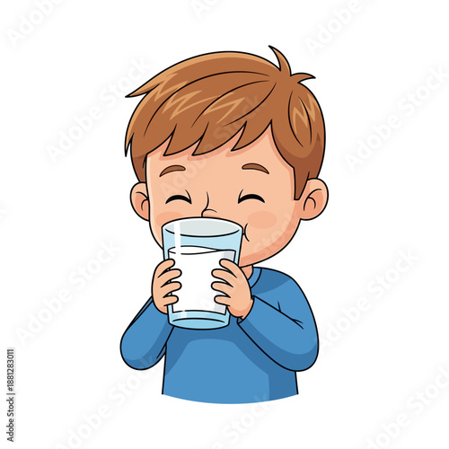 Cute cartoon boy drinking milk from a glass, healthy lifestyle, isolated on white background
