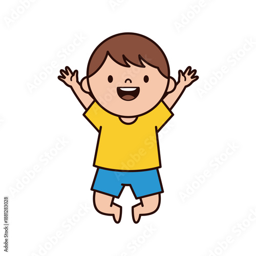 Happy Boy Jumping with Arms Raised, Cartoon Character, Cheerful Child