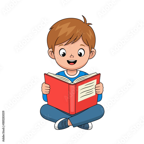 Happy boy reading an open book, sitting cross-legged, illustration