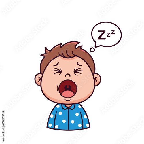 Cute Cartoon Boy Yawning Sleepy Tired Child in Pajamas
