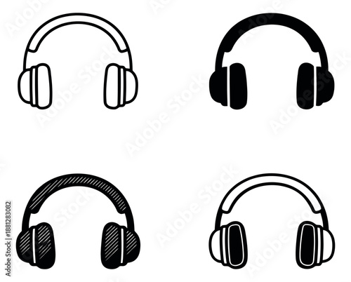Hand drawn clip art headphones set featuring various audio devices for music, sound, and technology