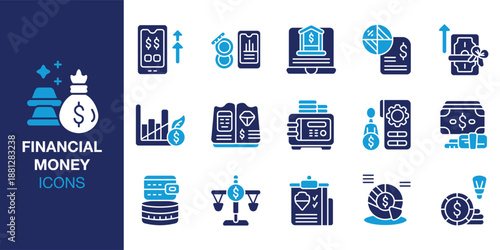Financial Money Icon set. Containing revenue, profit, savings, budget, expense and more. Solid vector icons collection. Vector illustration.