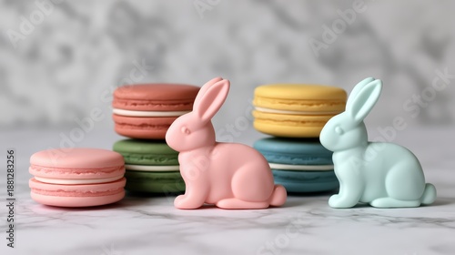 Colorful macarons and cute bunny figurines create a playful and festive display on a marble surface, perfect for spring celebrations.