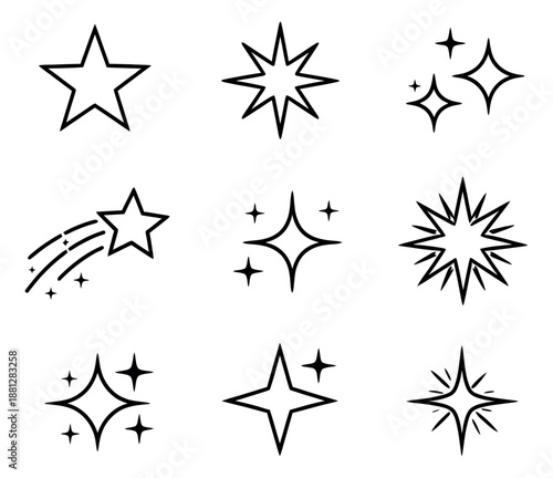 Line art star and sparkle icons set featuring various shining and twinkling elements for decoration, magic, or ratings