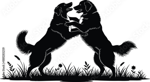 Black Silhouette of Two Golden Retrievers Playing Together in a Field of Grass and Flowers, Representing Canine Friendship, Playful Pets, Nature, and Animal Behavior.