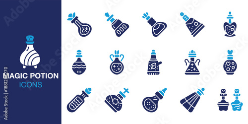 Magic Potion Icon set. Containing wizard, witch, alchemy, mystic, fantasy, enchanted and more. Solid vector icons collection. Vector illustration.