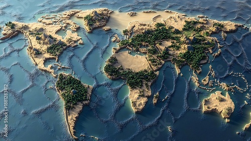 Detailed Topographic Global Map of Earth Showcasing Natural Features Including Forests, Mountains, Water Bodies, and Oceanic Textures in a Unique Blend of Land and Sea