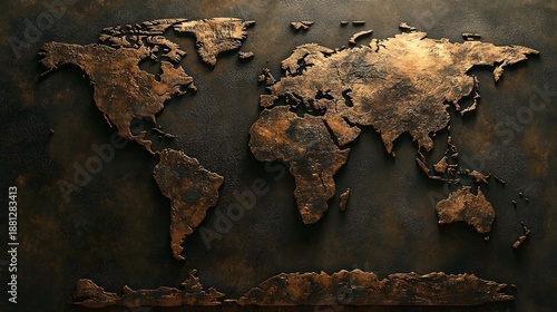 A Detailed World Map Sculpture in Bronze on a Dark Textured Background Showcasing Geographic Features with Artistic Flair and Unique Design Elements