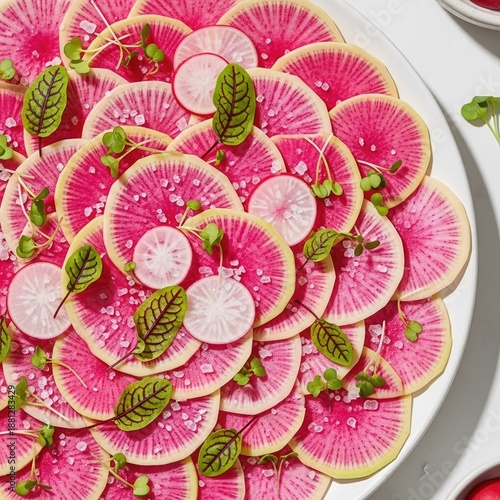 Vibrant pink watermelon radish slices on a white plate with fresh herbs
