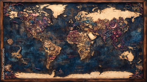 Vintage Artistic World Map with Intricate Decorations and Rich Colors, Ideal for Educational Materials, Home Decor, or Travel-themed Projects