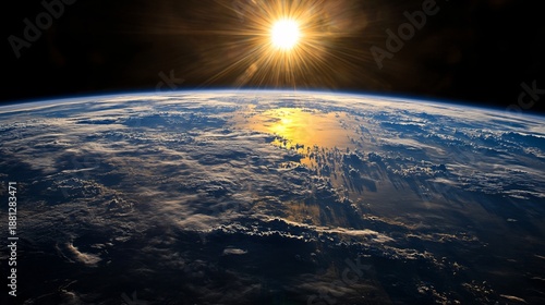 Breathtaking View of Earth from Space at Sunrise, Showcasing Blue Ocean, White Clouds, and Radiant Sunrays Illuminating the Atmosphere in a Stunning Display of Nature