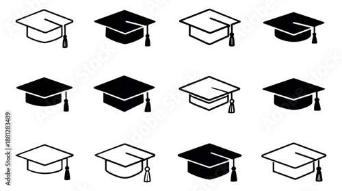 Isometric line art and solid graduation cap icons set featuring outline and filled designs with tassels for academic success and ceremony