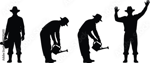 Black Silhouette Set of Male Farmers and Gardeners in Hats Holding Watering Cans and Waving, Representing Agricultural Work, Planting, Horticulture, and Manual Outdoor Labor.