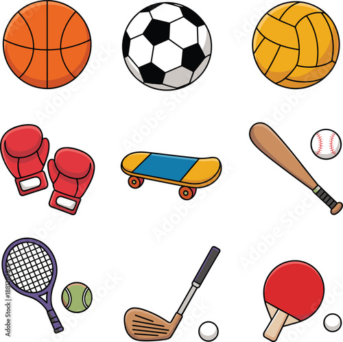 Colorful sports equipment icon set with balls, gloves, skateboard, bat, racket, golf club, and table tennis paddle for fitness, training, and game design use