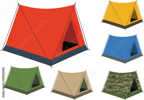 Colorful camping tent set vector illustration showing modern outdoor shelters in multiple colors for travel, adventure, hiking, tourism, and camping gear design