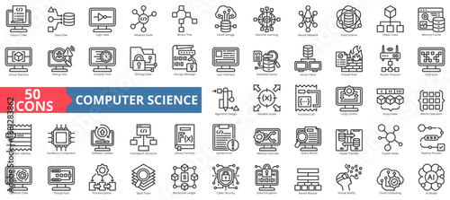 computer science icon set outline style illustration. containing source code, data flow, network node, binary tree, cloud storage, machine learning, neural network, data, object class, algorithm