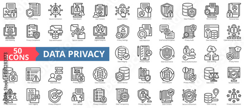 data privacy icon set outline style illustration. containing encryption, privacy policy, secure connection, breach, user consent, access control, anonymization, protection, secure storage, security
