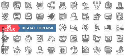 digital forensic icon set outline style illustration. containing data, recovery, evidence, file, analysis, disk imaging, metadata extraction, log, incident response, investigation, audit, malware