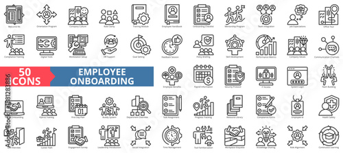 employee onboarding icon set outline style illustration. containing orientation program, engagement, training module, checklist, mentorship program, team integration, job expectation, career path