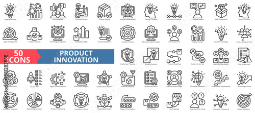 product innovation icon set outline style illustration. containing idea generation, market research, user feedback, design, cost, product testing, creative thinking, customer needs, value proposition