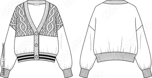 Fashion Technical Sketch of a Women's V-Neck Cardigan Sweater with Cable Knit Pattern Details, Ribbed Cuffs, Button Front, and Striped Hemline for Apparel Design.