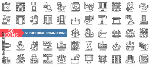 structural engineering icon set outline style illustration. containing load bearing, structural integrity, beam design, stress analysis, strength, foundation design, seismic analysis, concrete mix