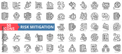 risk mitigation icon set outline style illustration. containing assessment, contingency plan, threat analysis, matrix, impact reduction, early warning, avoidance, crisis management, emergency