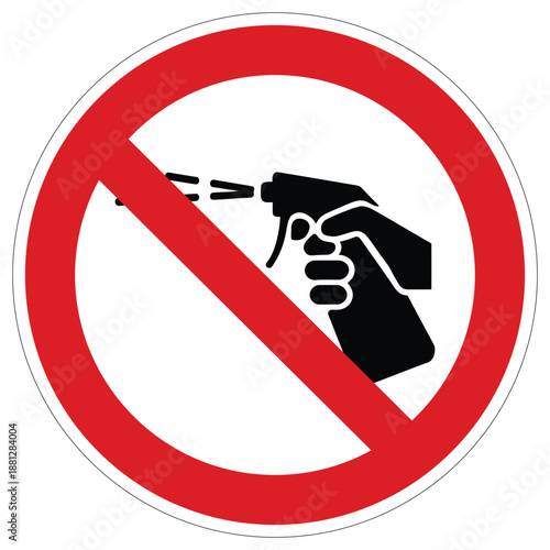 Prohibition sign against spraying liquids with a bottle, showing a hand operating a spray device