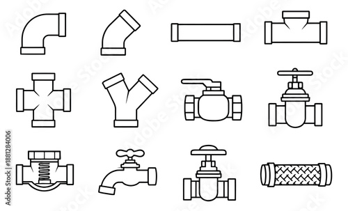 Line art plumbing set featuring various pipes, fittings, and valves for construction and engineering