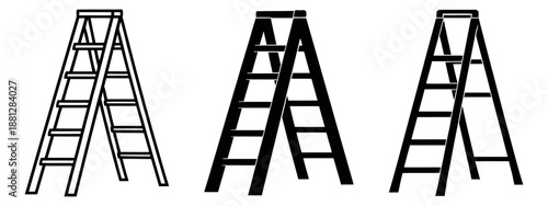 Line art and silhouette stepladder icon set featuring different A-frame ladders for construction and repair work