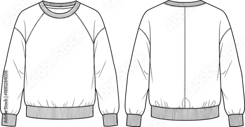 Technical fashion flat sketch of a women sweatshirt with raglan sleeves ribbed crew neck and elasticated hemline for apparel design and tech pack development