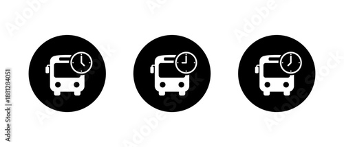 Bus schedule icon in black circle. Public transport time symbol
