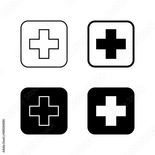 Medical cross mark icon in black square. Healthcare plus symbol