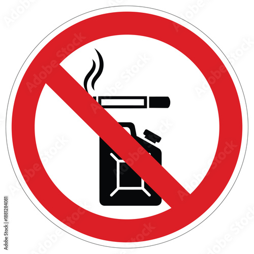 Prohibition sign depicting a lit cigarette and a fuel jerrycan, clearly indicating no smoking or flammable liquids