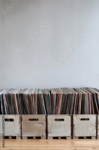 Vinyl Records Stored in Milk Crates Against Minimal Wall