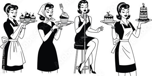 Vintage Retro Illustration Set of 1950s Style Women Serving Cupcakes and Cake, and a Jazz Singer, Representing Classic Housewife, Bakery, and Nightclub Entertainment.
