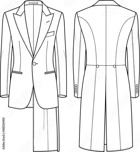 Men long coat technical fashion flat template showing front and back view, tailored blazer style with lapel, buttons, and seams for apparel design illustration