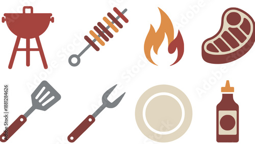 A collection of barbecue icons including grill, meat, and utensils on a white background