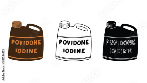 An illustration of povidone iodine bottles in different colors and designs