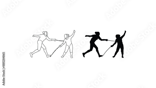 A group of people engaged in a fencing match with various styles