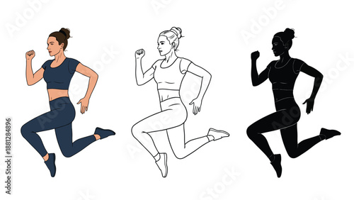 Vector illustration of a black silhouette of a fitness woman athlete running and a boy exercise runner in action during a sports race