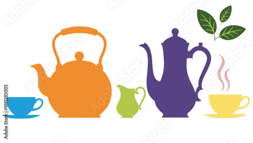 A colorful illustration of tea utensils and cups on a white background