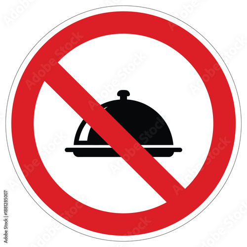 Prohibition sign featuring a domed food platter icon within a red crossed out circle, indicating no eating