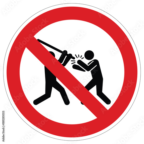 Prohibition sign featuring two stick figures engaged in a physical altercation using a weapon