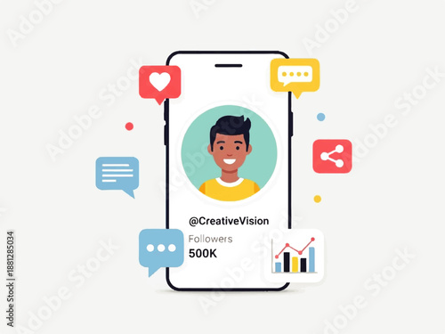 Vector flat design illustration of a smartphone screen displaying a social media profile with a cartoon avatar and various icons on a white background.