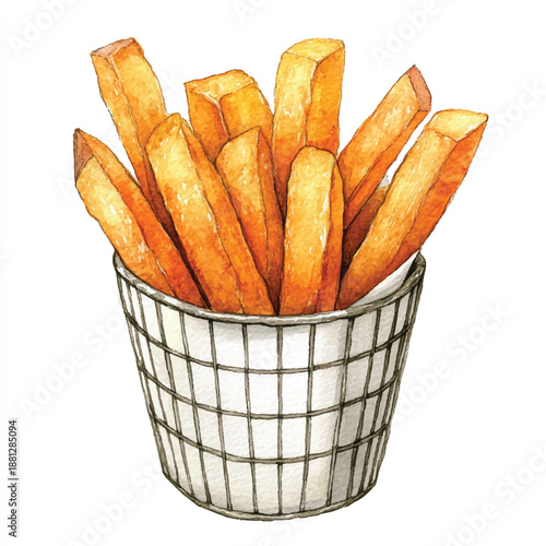 Watercolor illustration of golden french fries in a wire basket.