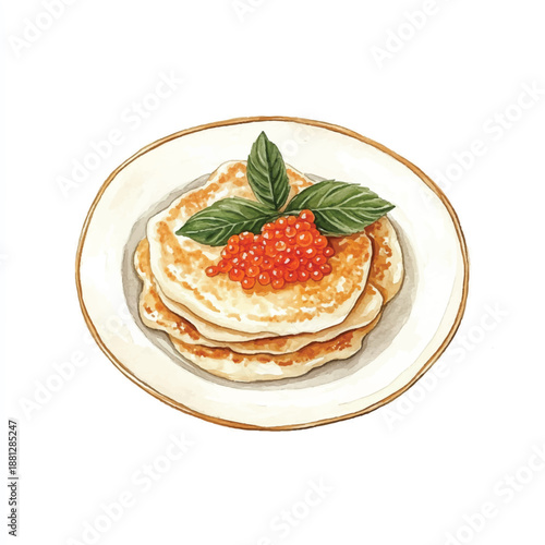 Watercolor illustration of Russian blini with red caviar and basil.