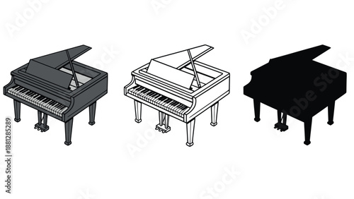 Three different illustrations of grand pianos in various styles and colors