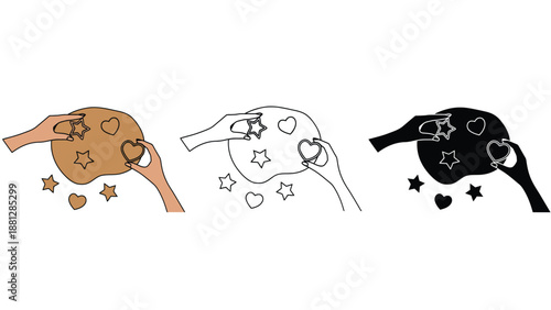 A creative illustration of hands holding masks with hearts and stars