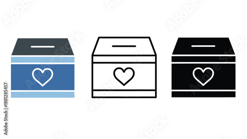Three donation boxes with heart symbols on a white background